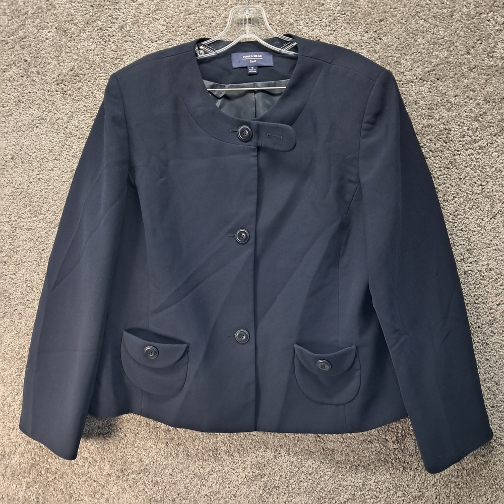 Jones Wear Suit Womens Navy Blue Collarless Blazer‎ Jacket Size 18 RN 54050